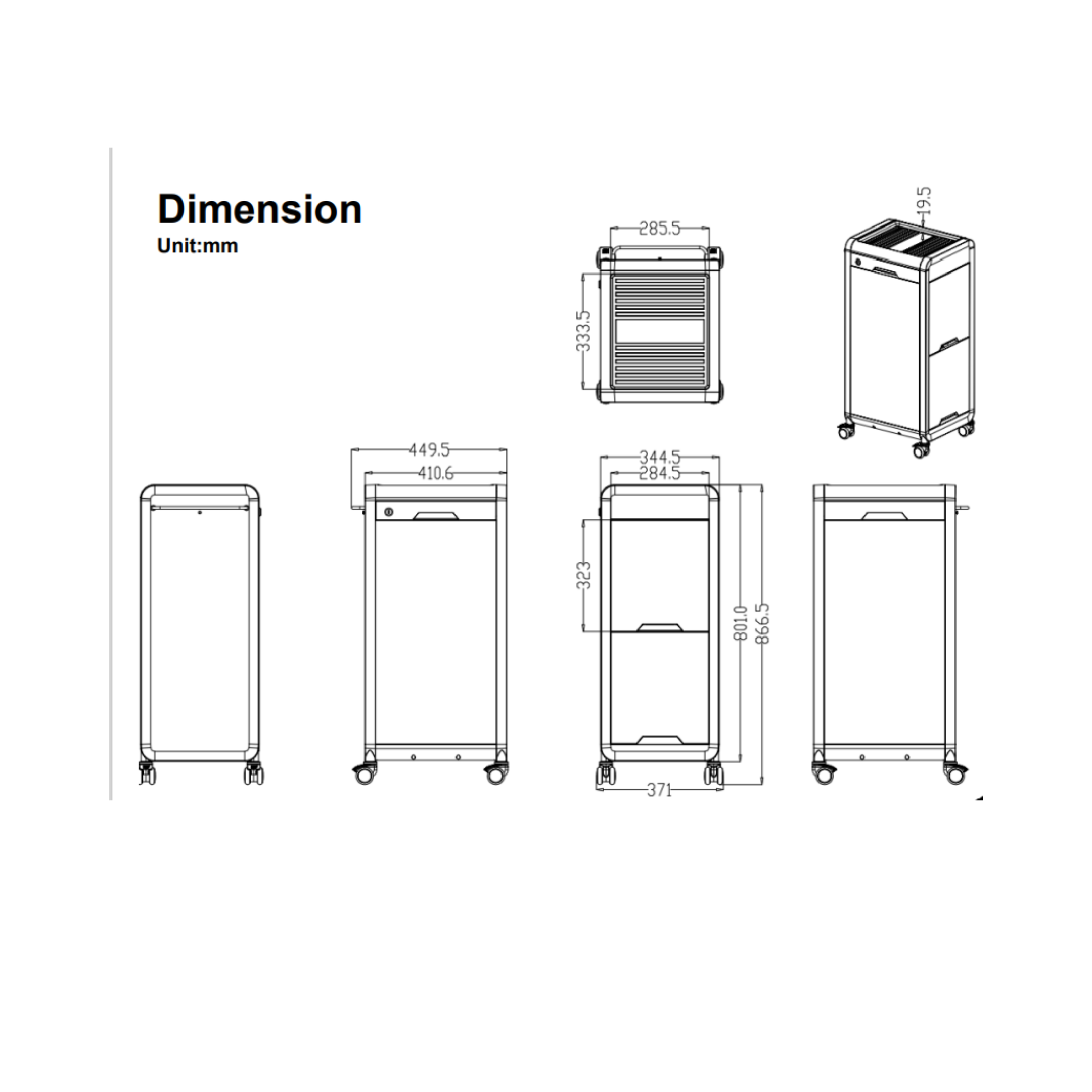 Black Trolley 4 Tray with Anti Slip Mat